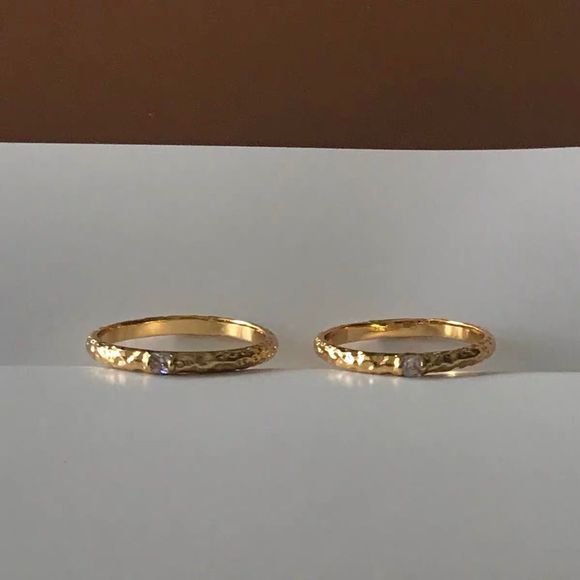 18K Gold Plated Hand Hammered Dainty Minimalistic Solitaire Band Ring - Picture 3 of 6